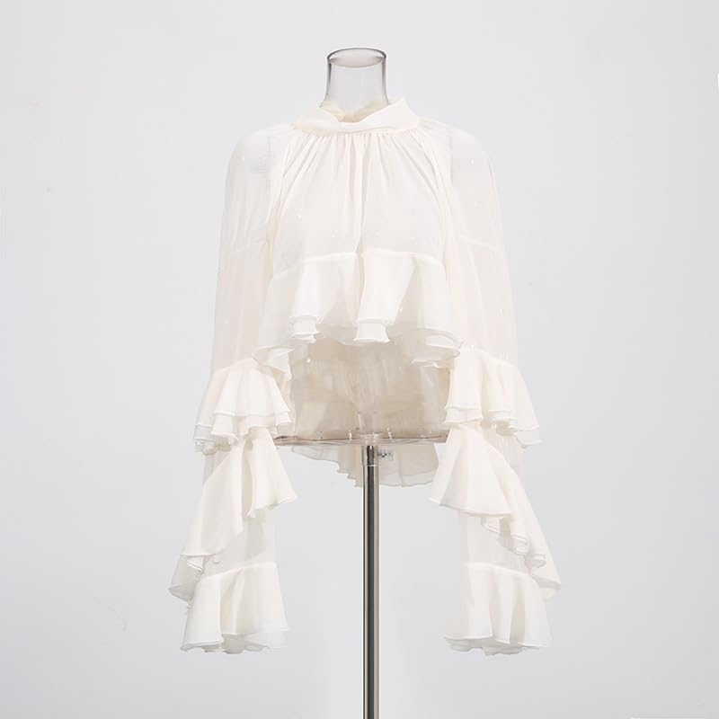 Women's White Sheer Chiffon Crop Top High Neck Layered Ruffle Flare Sleeve Blouse Elegant Casual Party Tops