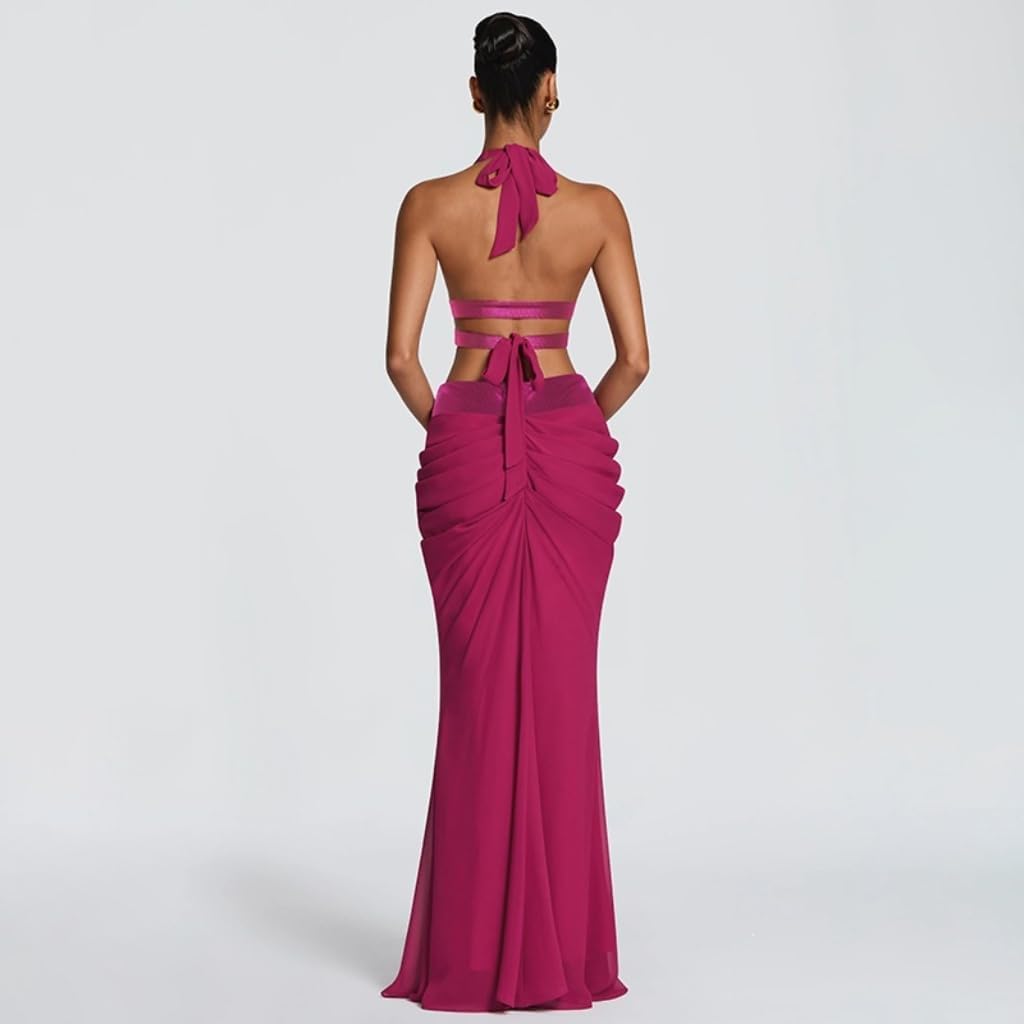 VOIKERDR Party Outfits for Women Halter Deep V Cross Wrap Crop Top Front Ruched Maxi Skirt Sets Women 2 Piece Outfits