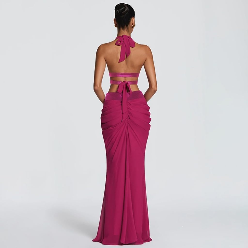 VOIKERDR Party Outfits for Women Halter Deep V Cross Wrap Crop Top Front Ruched Maxi Skirt Sets Women 2 Piece Outfits