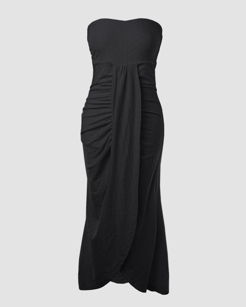CHICME Women's Strapless Bodycon Maxi Dress Asymmetrical Hem | Ruched Wrap Detail, Eyelet Embroidery, Soft Stretch Fabric, Tube Top Neckline, Beach Vacation Wear, Wedding Guest Outfit