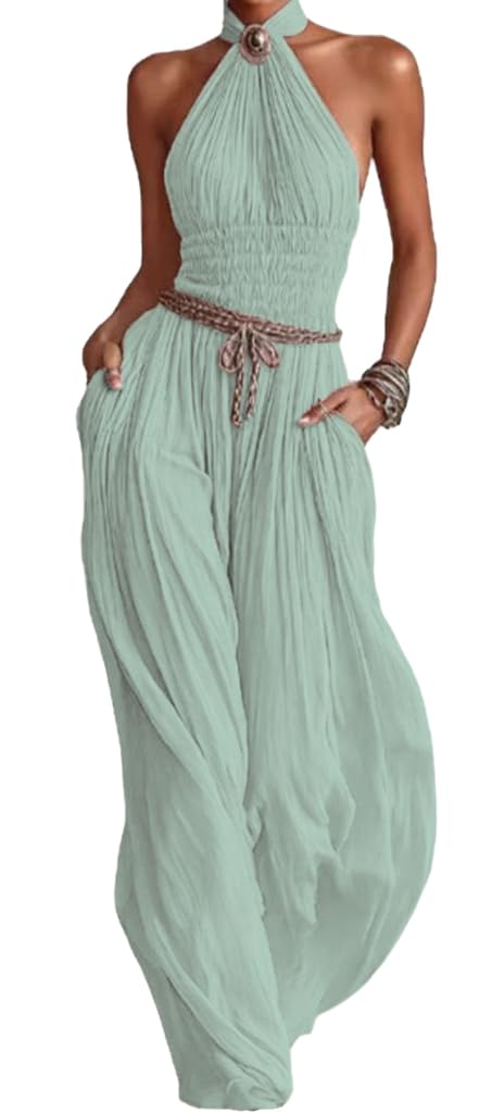 Wuitrie Women's Boho Halter Jumpsuit Pink Shirred Waist Wide Leg Pant Romper Vacation Party Outfits