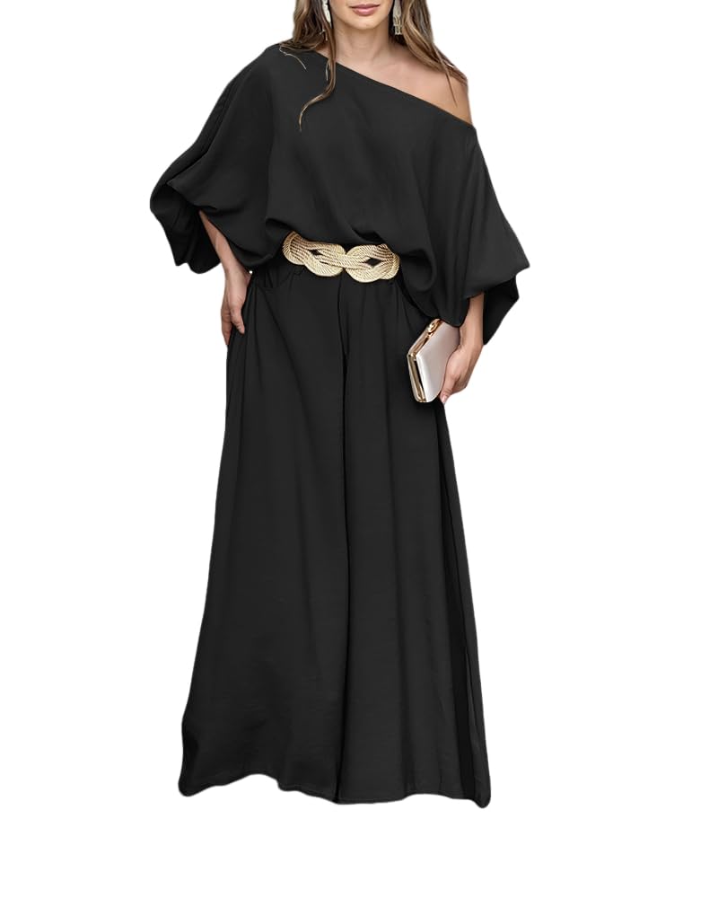 CHICME Women 2 Piece Summer Outfit Off Shoulder Flowy Wide Leg Pants Set | Off Shoulder, Lantern Sleeve Matching Set, 2 Piece Sets for Women Dressy, Vacation Travel Airport Outfits