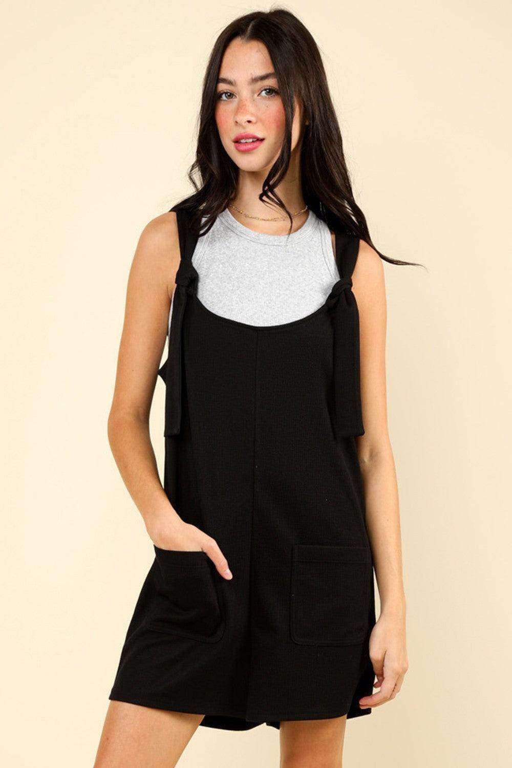 Very J Tie Shoulder Front Pocket Romper for Women