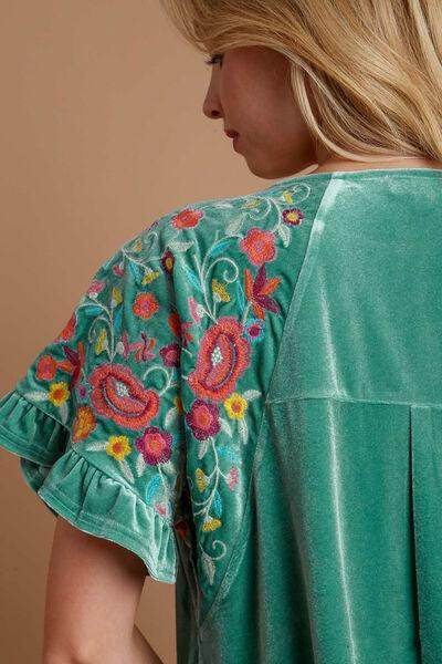 Umgee Velvet Embroidery Short Sleeve Blouse for Women