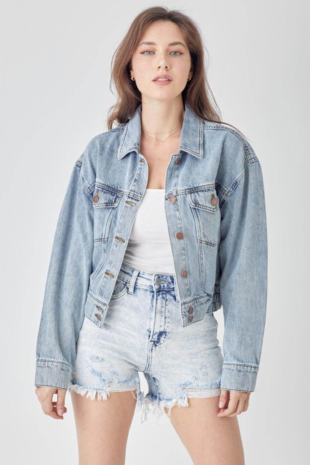 RISEN Full Size Button Down Cropped Denim Jacket for Women