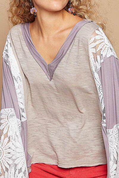POL Lace Detail V-Neck Flare Sleeve Blouse for Women