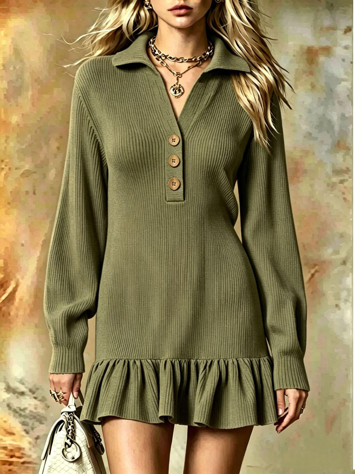 Ribbed Knit Polo Dress | Ruffle Hem Mini | Button-Neck Long Sleeve Dress