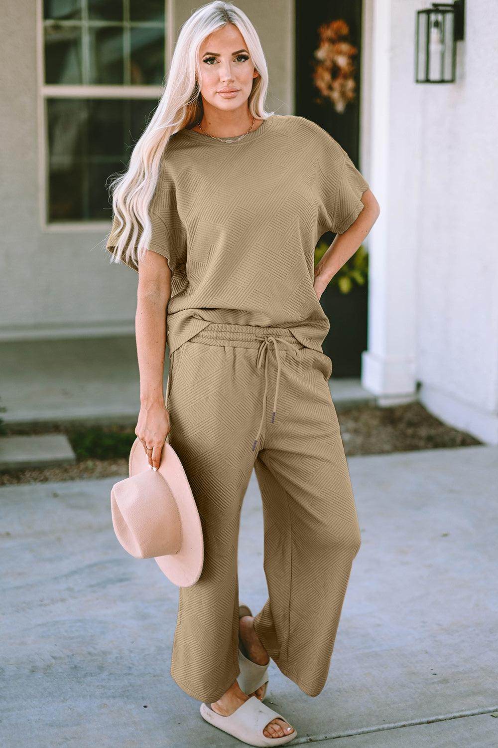 Double Take Full Size Texture Top and Pants Set for Women