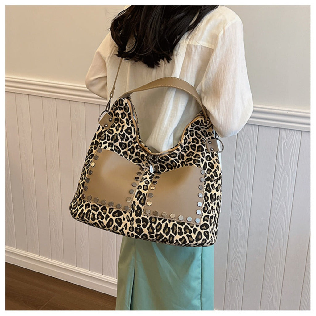 Ladies leopard print large capacity tote bag, vintage hobo bag casual, shoulder bag with crossbody strap, bag shoulder bag women