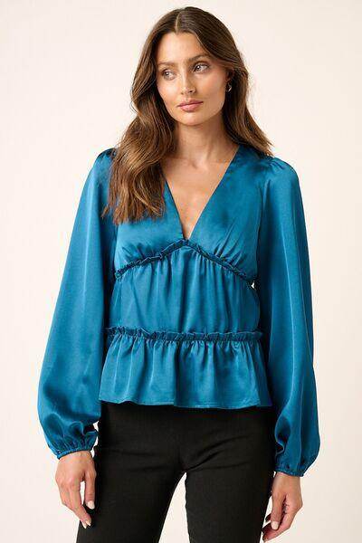 Mittoshop Satin V Neck Ruffled Tier Blouse for Women