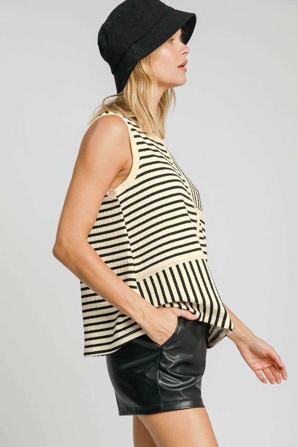 Umgee Round Neck Texture Striped Tank for Casual Style
