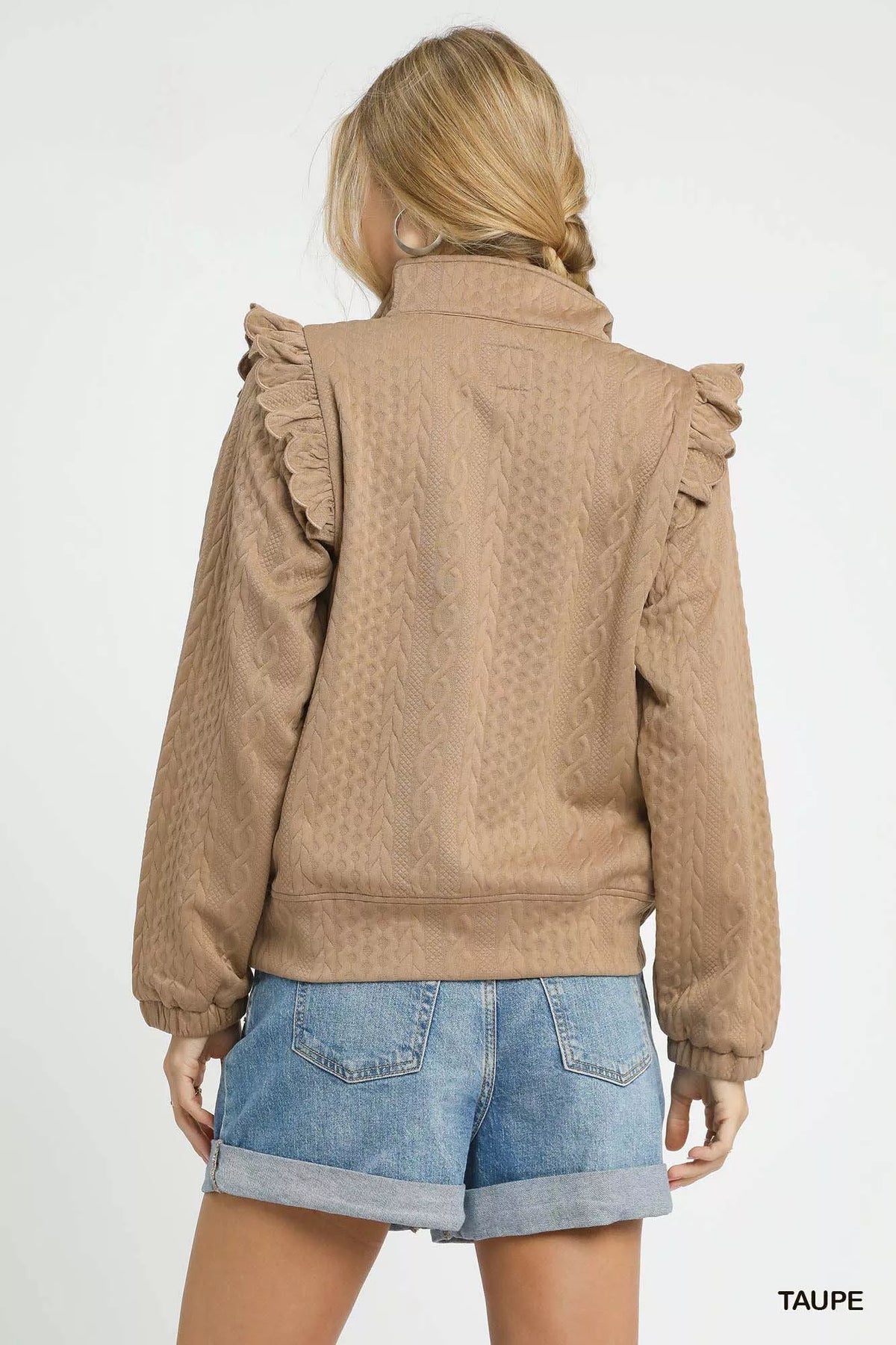 Umgee Cable Knit Textured Pullover with Ruffle Shoulders