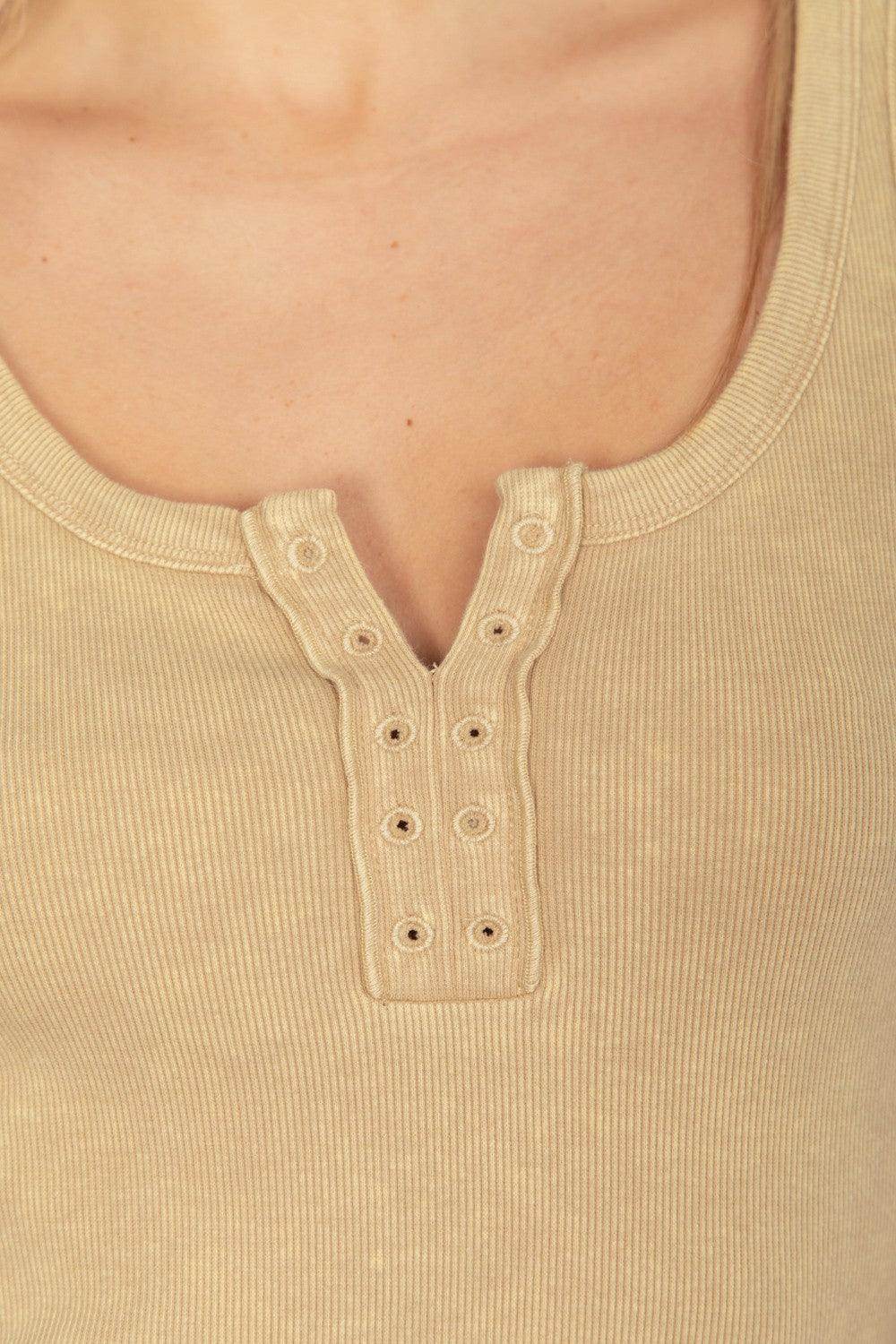 VERY J Washed Ribbed Tank with Placket Detail Top
