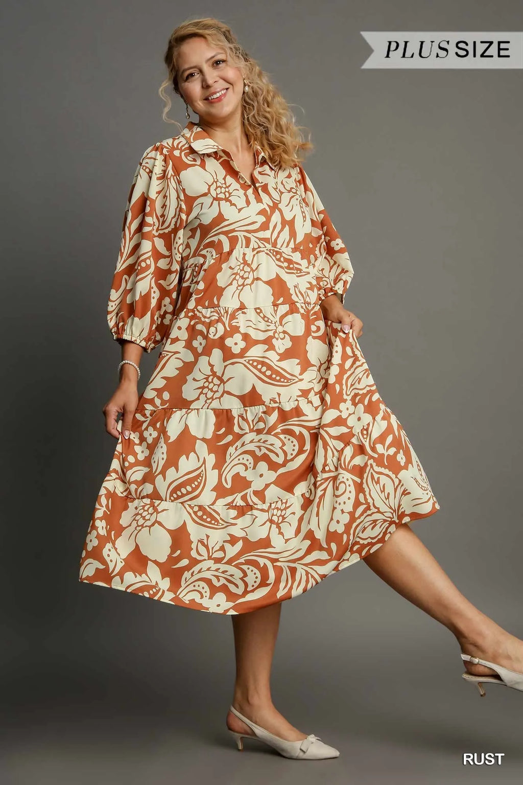Full Size Floral Tiered Midi Shirt Dress Plus Size