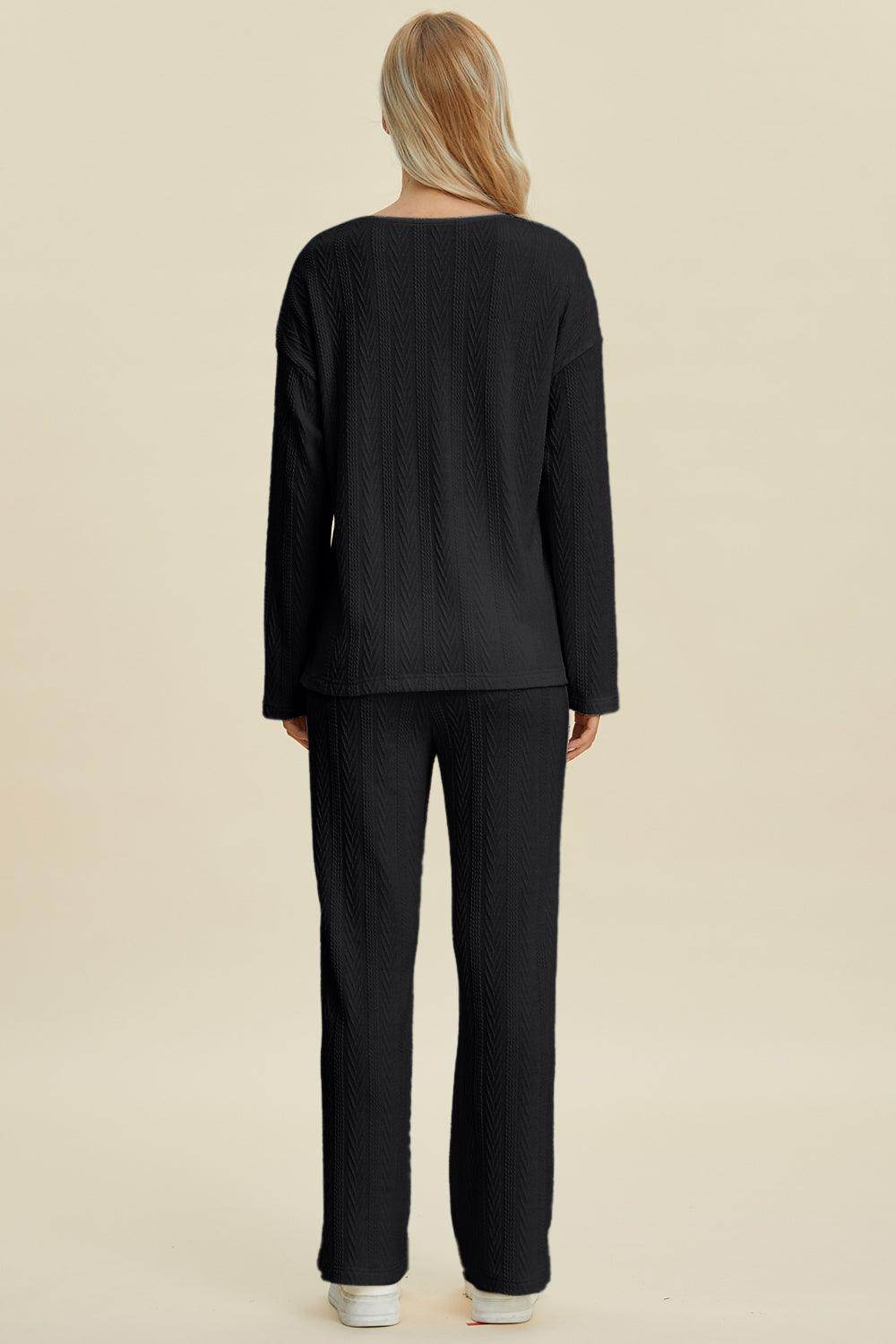 Double Take Full Size Cable-Knit Long Sleeve Top Pants Set
