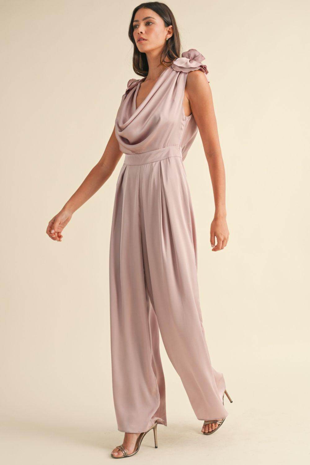 MABLE 3D Floral Applique Deep Cowl Neck Jumpsuit Elegance