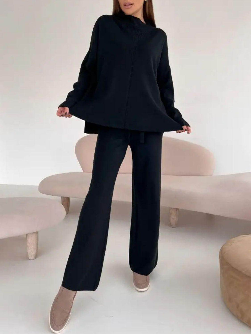 Slit Mock Neck Top and Pants Sweater Set for Women