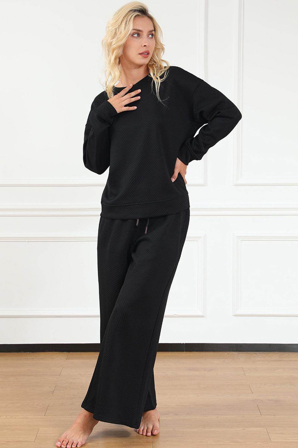 Double Take Full Size Textured Long Sleeve Top and Drawstring Pants Set for Women