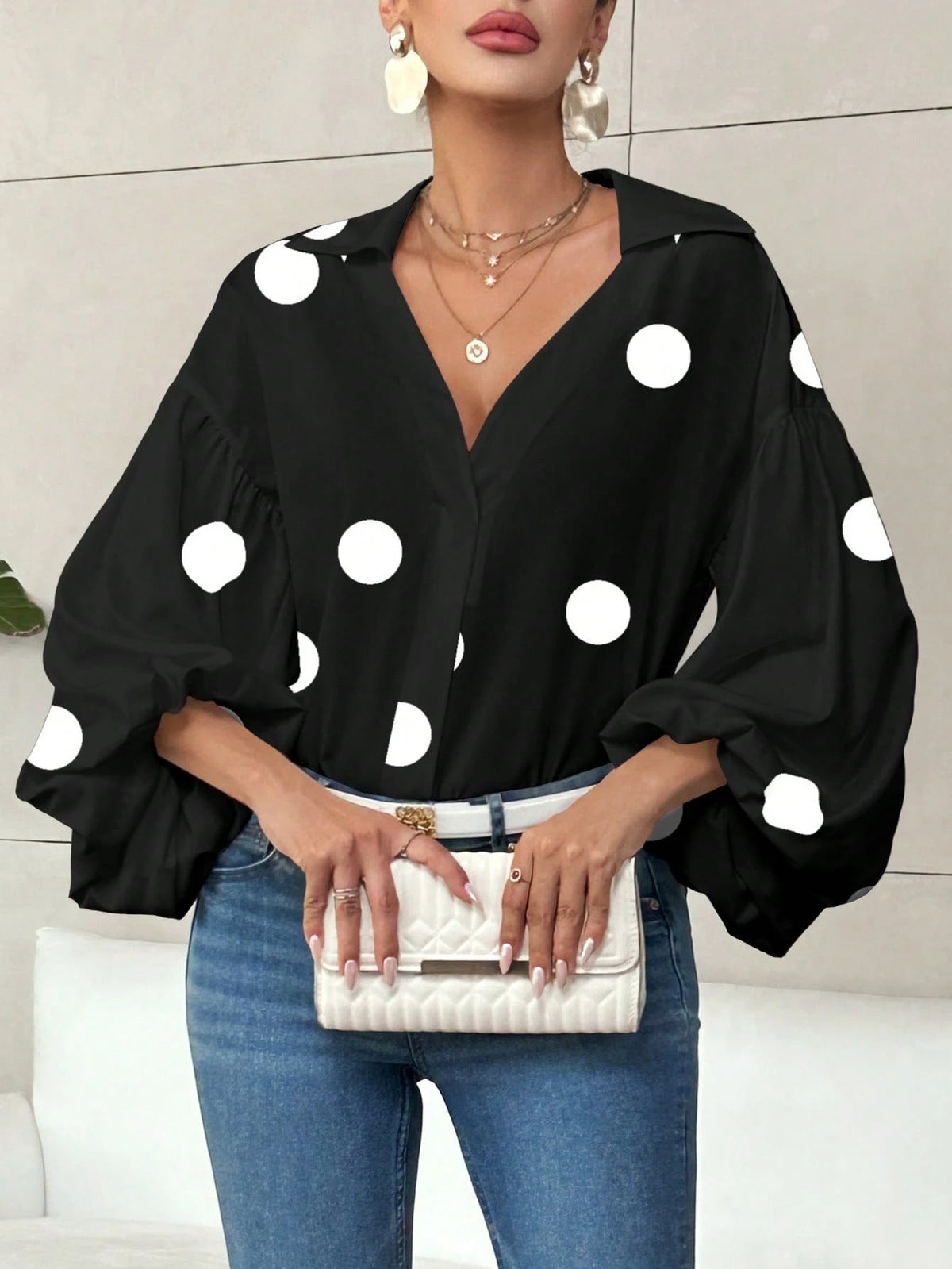 Polka Dot Loose Bubble Sleeve Top – Half-Open Neck Long Sleeve
