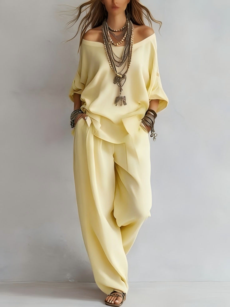 Chiffon Puff-Sleeve Top & Wide-Leg Pants Set – 15 Colors