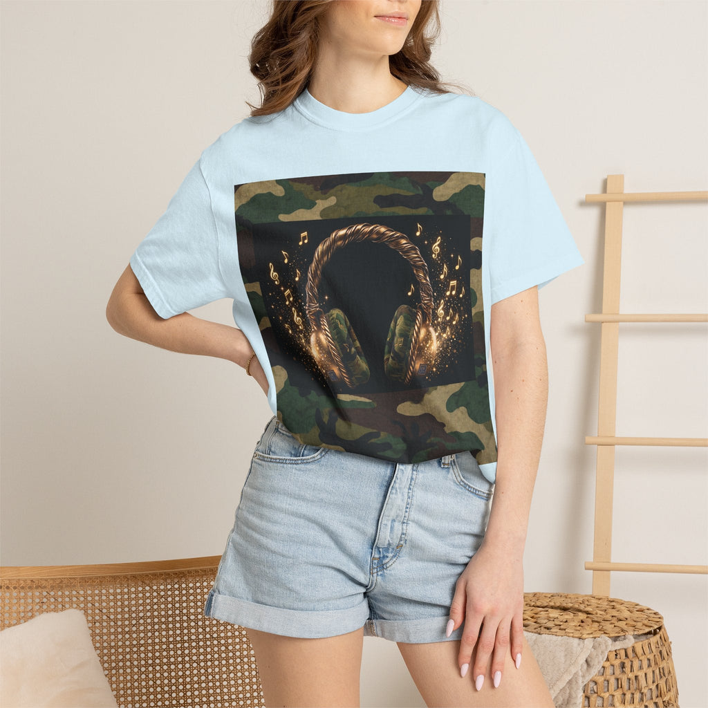 Camo Headphones Tee — Gold Spark DJ Music Graphic T-Shirt