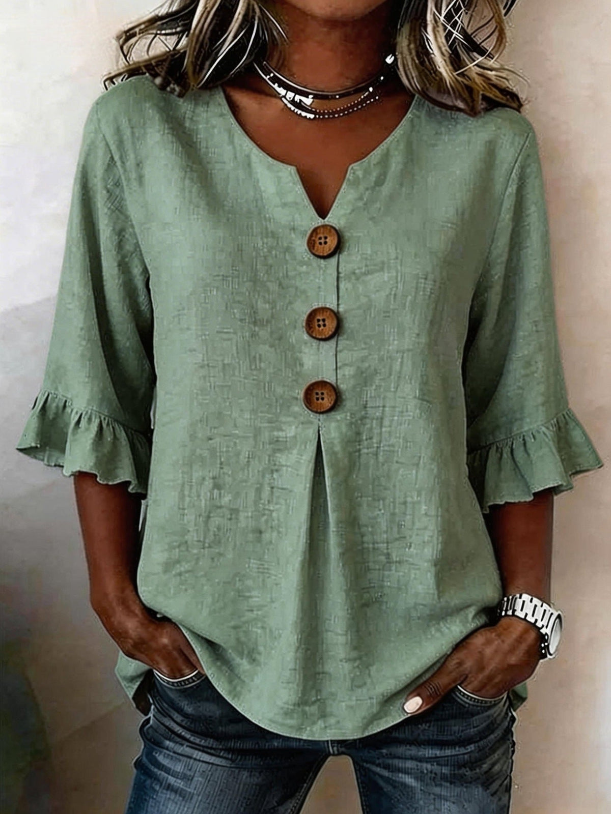 Women's V-Neck Button-Up Blouse — Summer Casual Top
