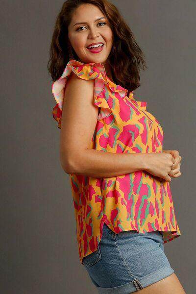 Umgee Full Size Abstract Print V-Neck Ruffle Sleeve Blouse