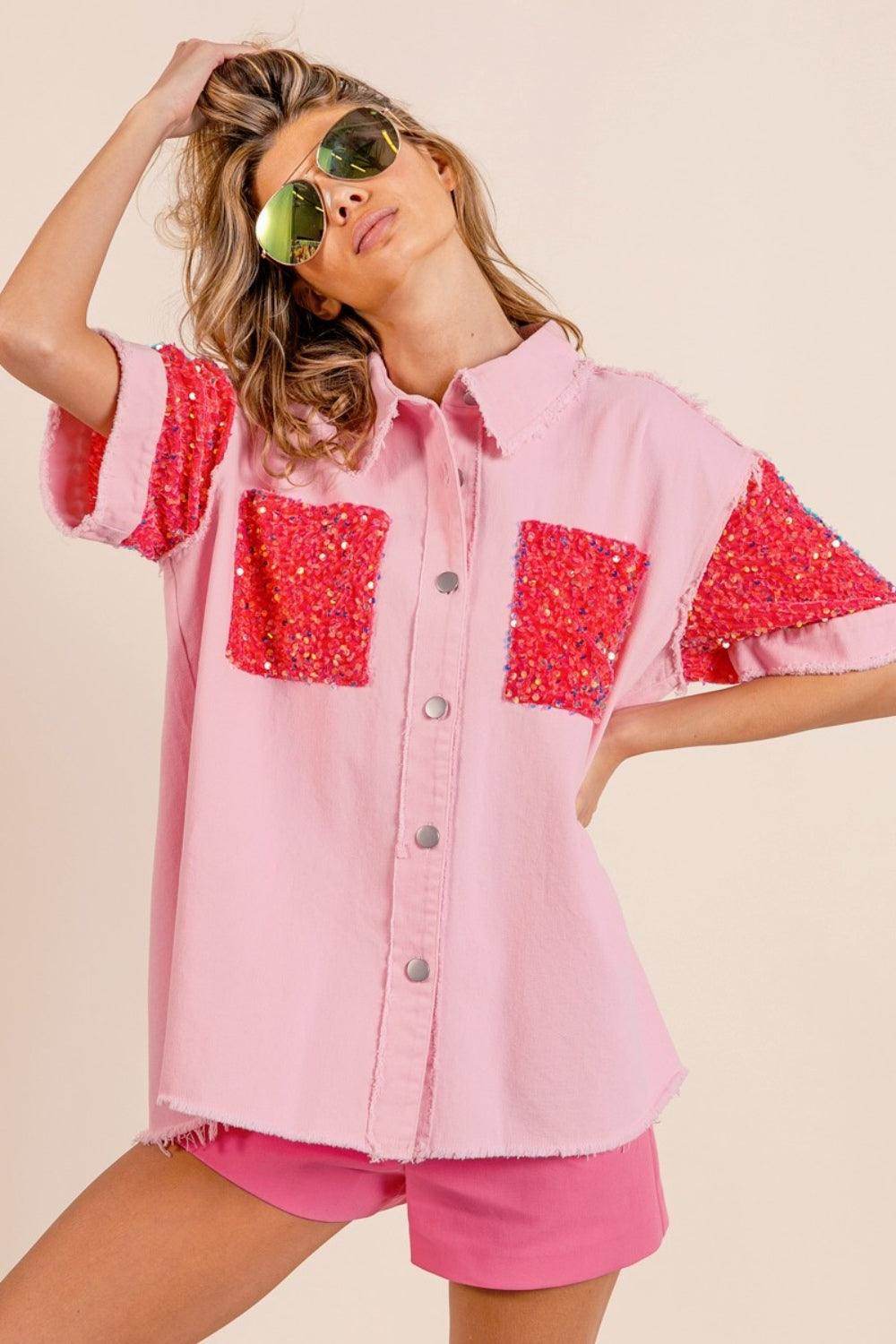 BiBi Sequin Detail Raw Hem Short Sleeve Shirt Glamorous