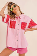 BiBi Sequin Detail Raw Hem Short Sleeve Shirt Glamorous