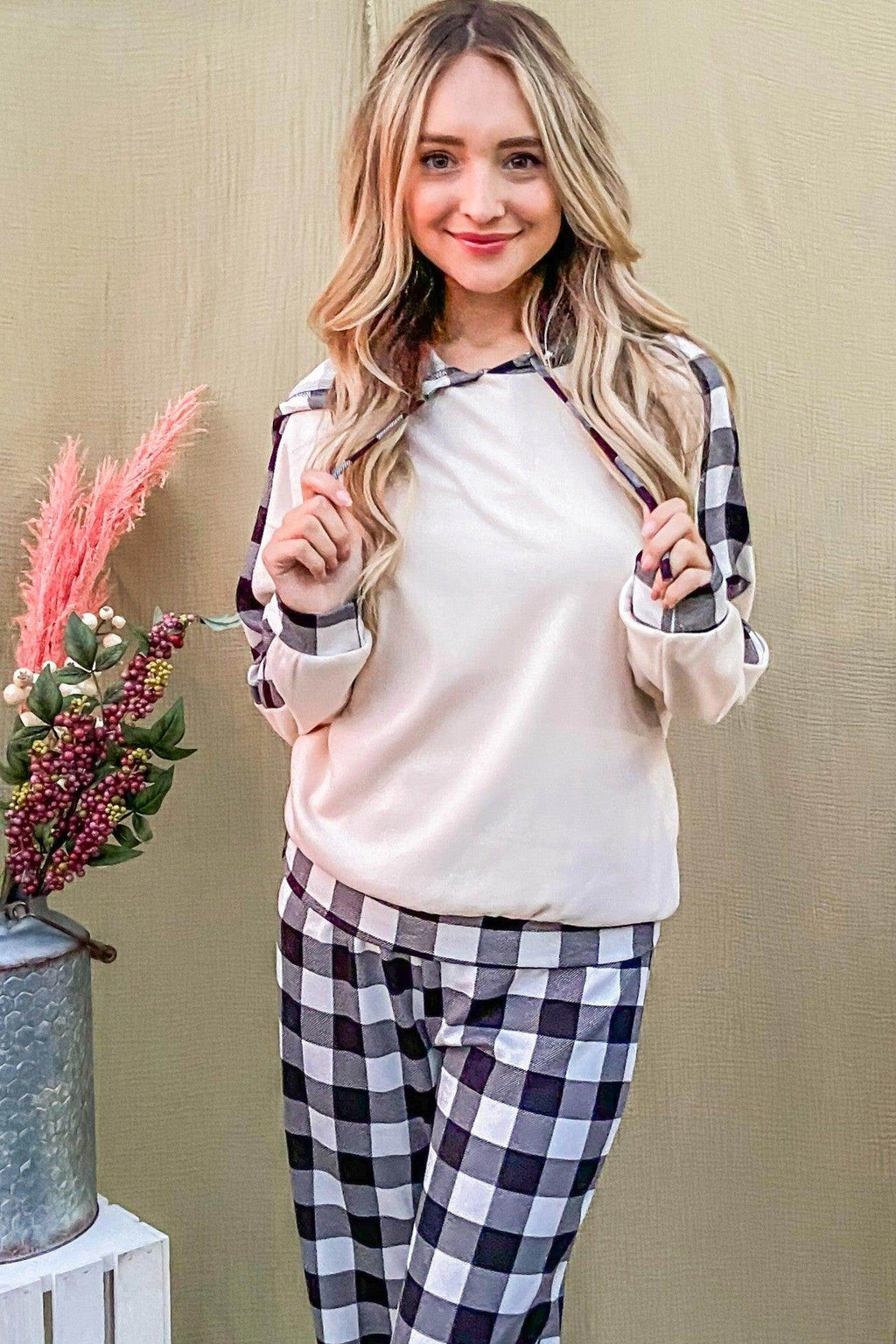 And The Why Drawstring Hooded Top and Plaid Pants Set
