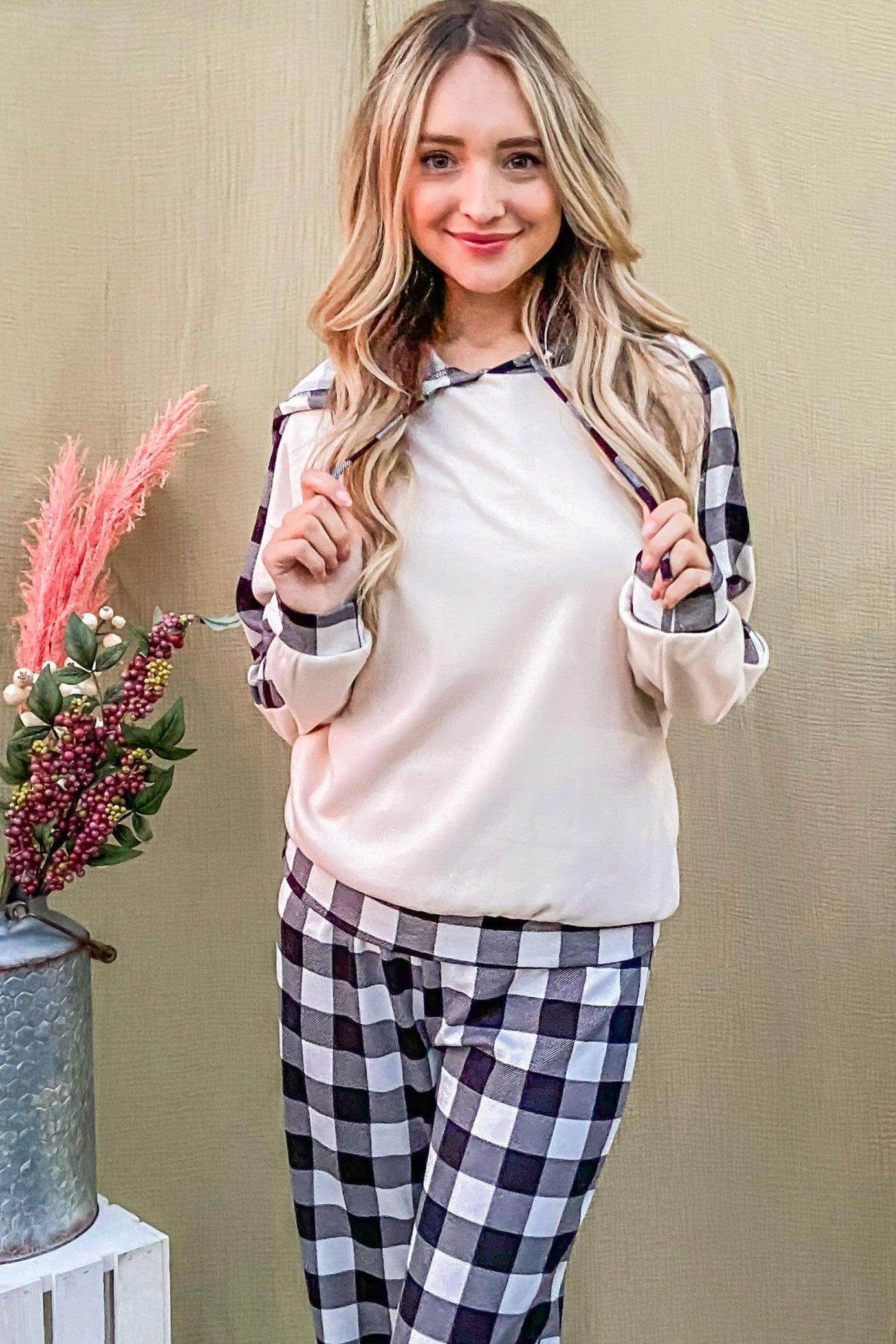 And The Why Drawstring Hooded Top and Plaid Pants Set