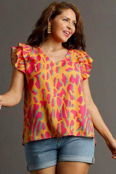 Umgee Full Size Abstract Print V-Neck Ruffle Sleeve Blouse