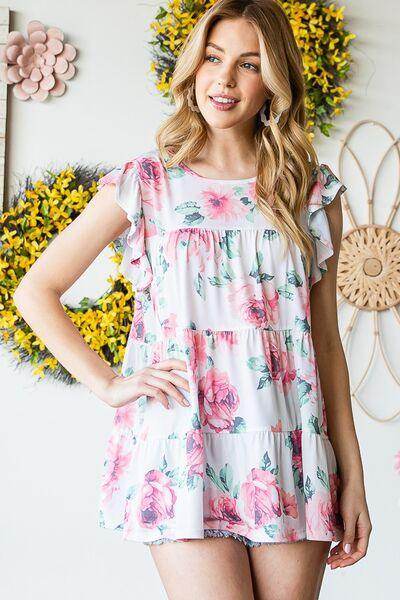 Heimish Full Size Butterfly Short Sleeve Floral Tiered Top