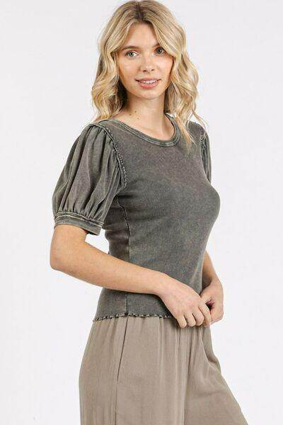 Mittoshop Mineral Wash Puff Sleeve Rib Knit Top for Women