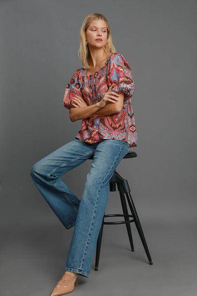 Umgee Full Size Abstract Print Smocked Square Neck Blouse