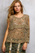 POL Openwork Round Neck Floral Crochet Tank