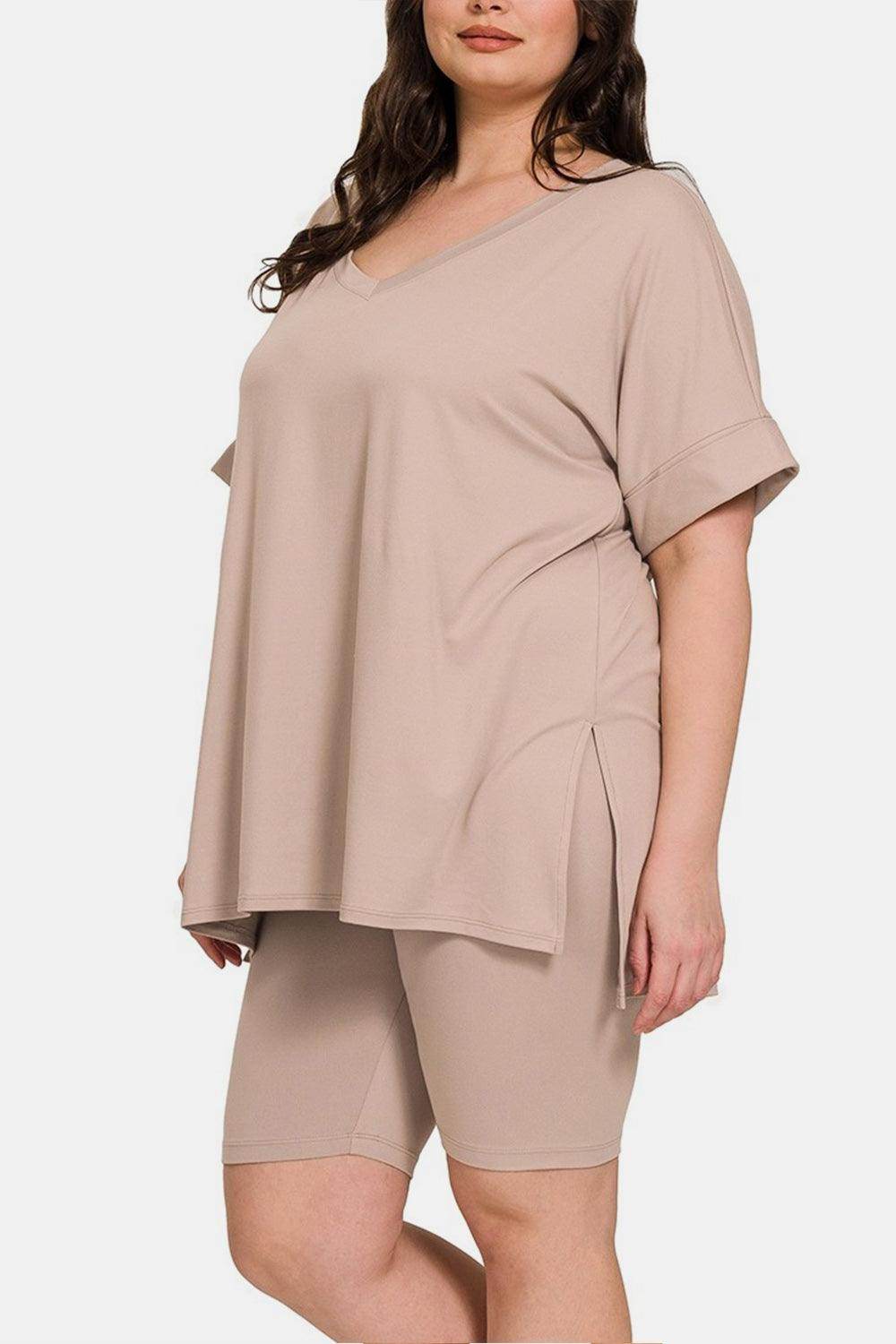 Zenana Full Size V-Neck Short Sleeve Slit T-Shirt Set
