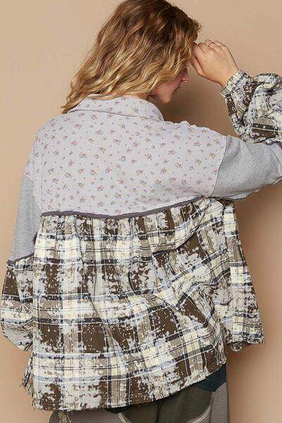 POL Balloon Sleeve Floral Color Block Plaid Shirt for Women