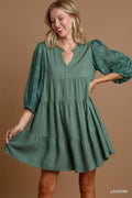Umgee Floral Contrast Sleeve Tiered Dress