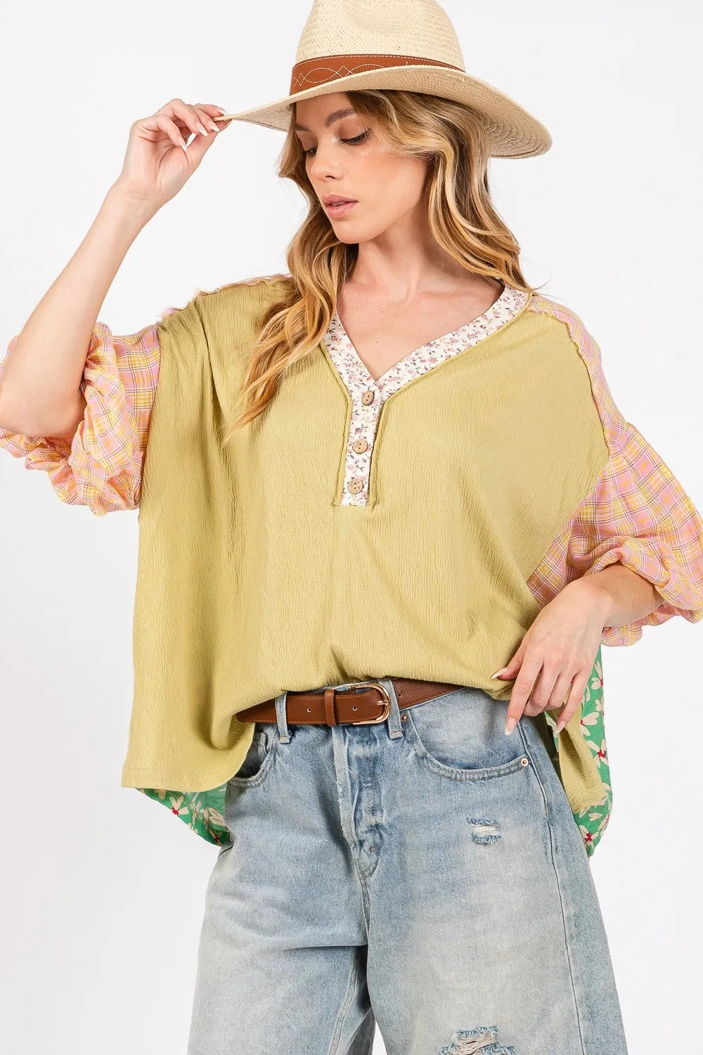 SAGE + FIG Full Size Color Block Bubble Sleeve Top Plus Size
