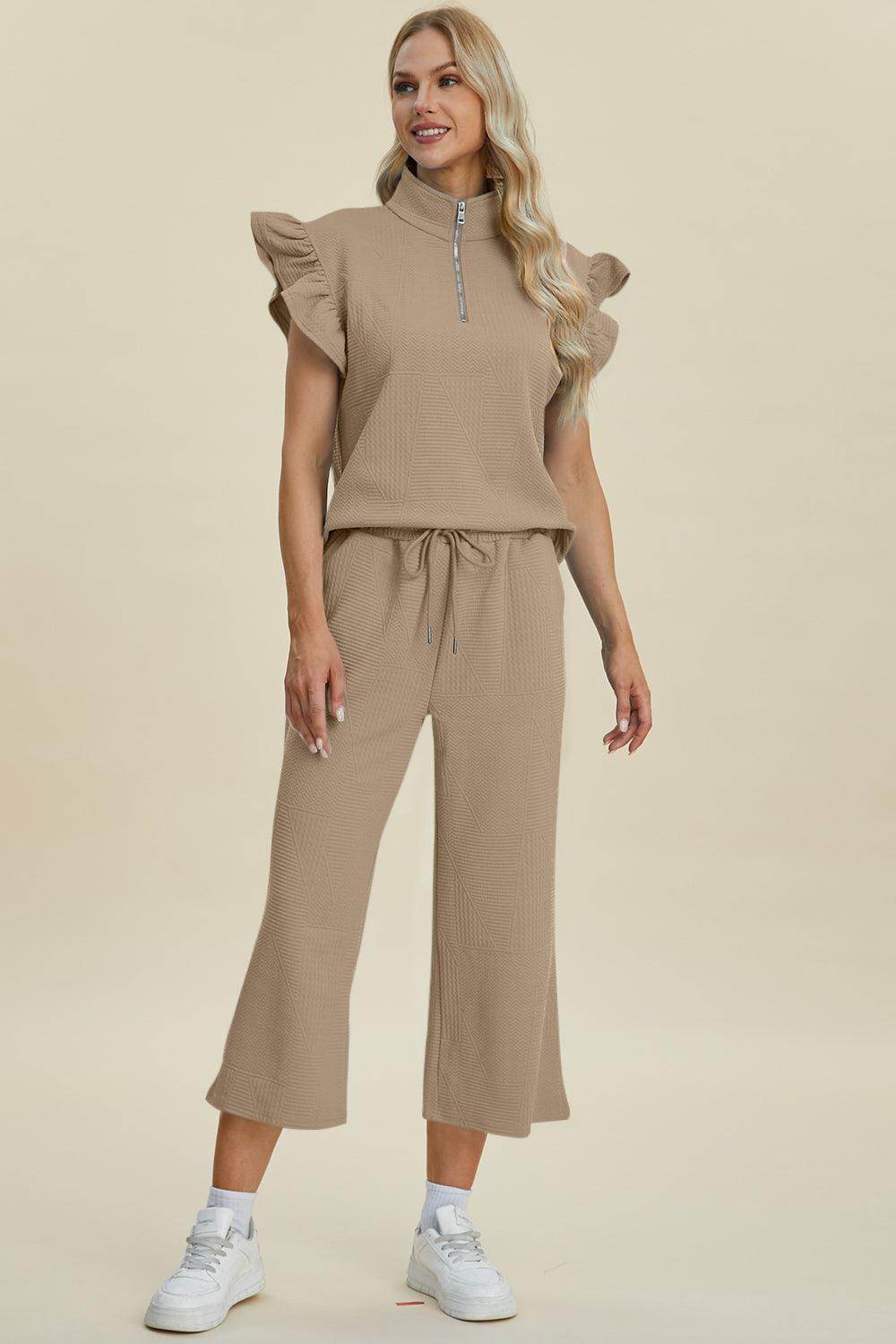 Double Take Full Size Texture Ruffle Top and Pants Set
