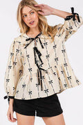 SAGE + FIG Bow Print Tie Front Babydoll Blouse for Women
