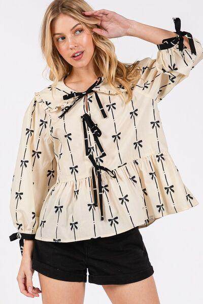 SAGE + FIG Bow Print Tie Front Babydoll Blouse for Women