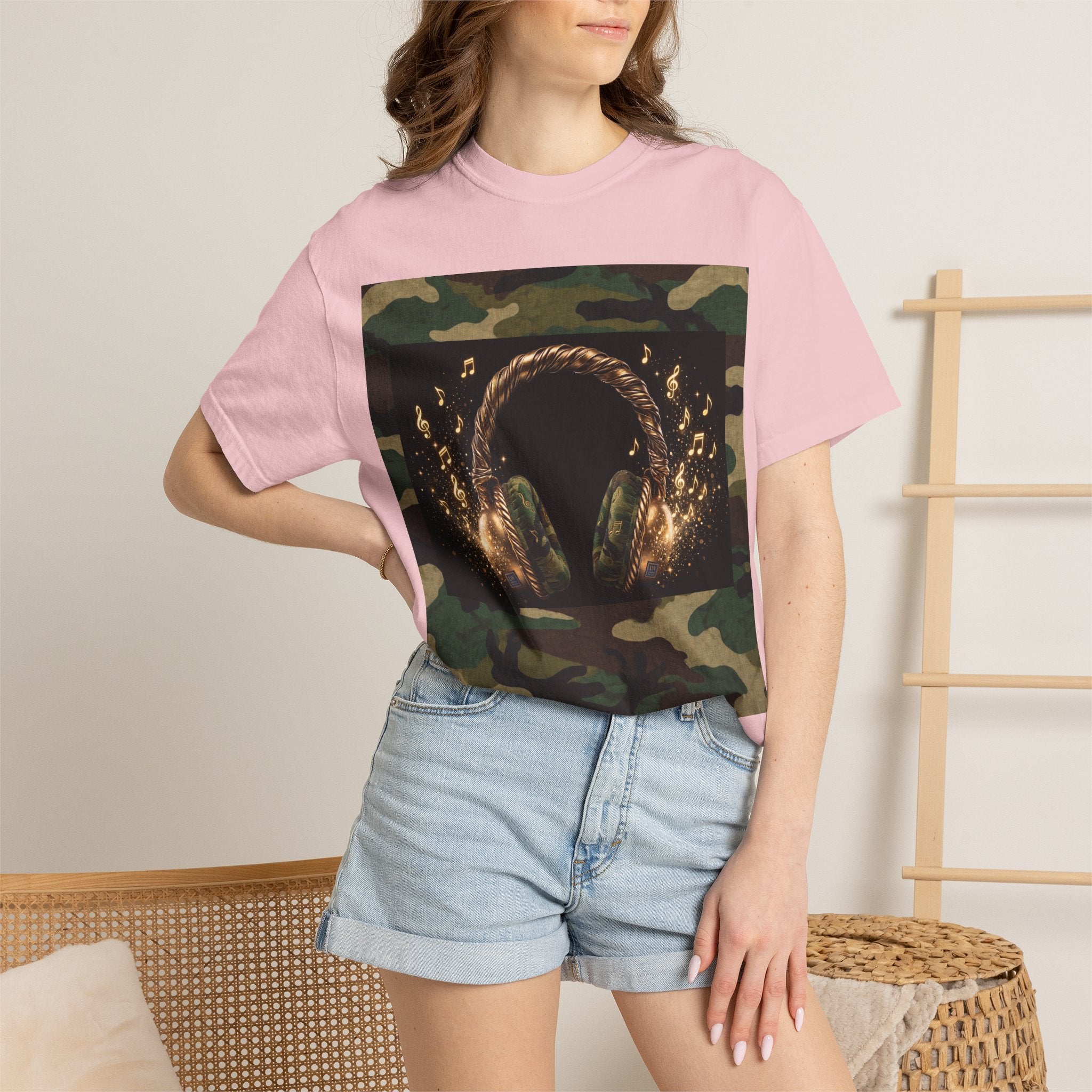 Camo Headphones Tee — Gold Spark DJ Music Graphic T-Shirt