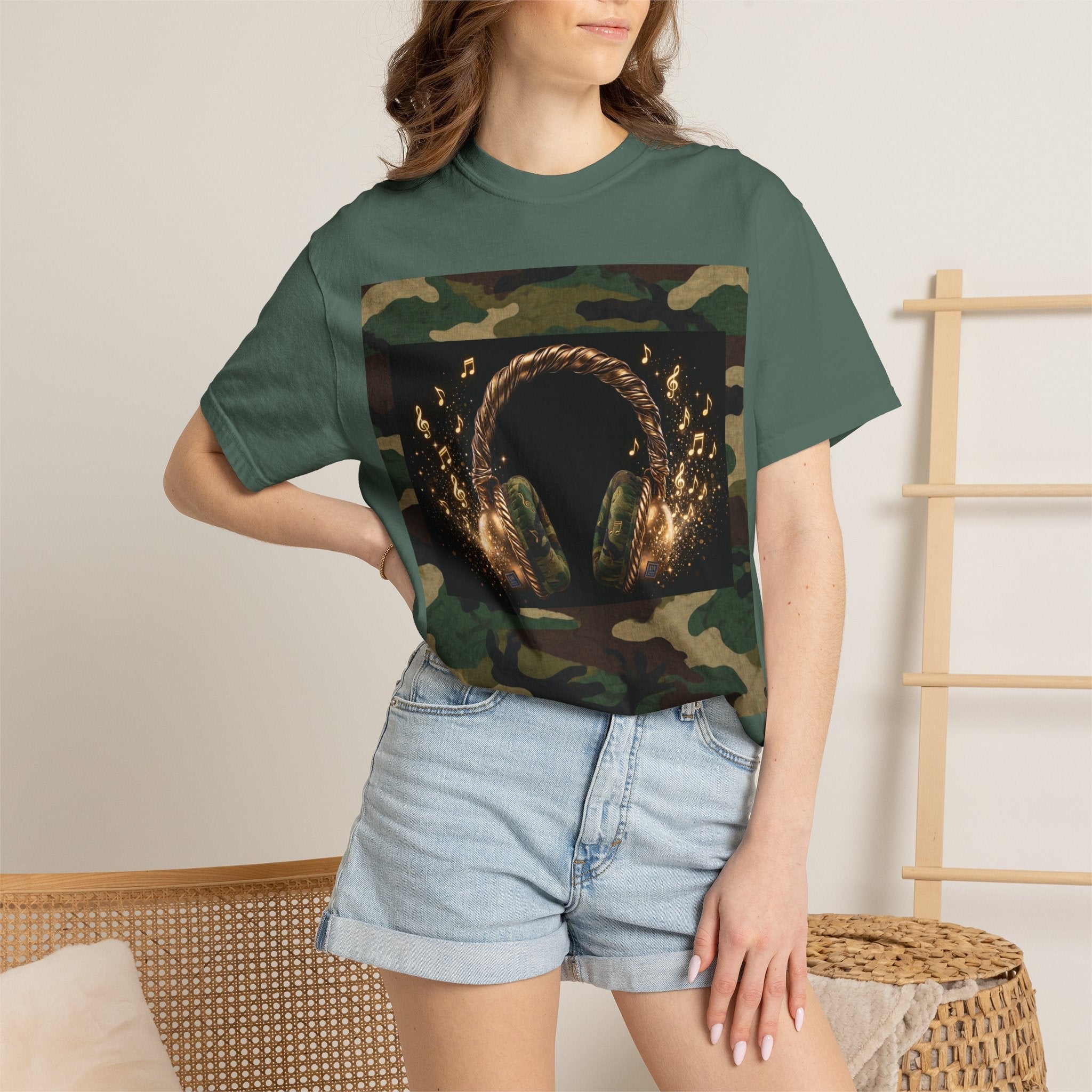 Camo Headphones Tee — Gold Spark DJ Music Graphic T-Shirt