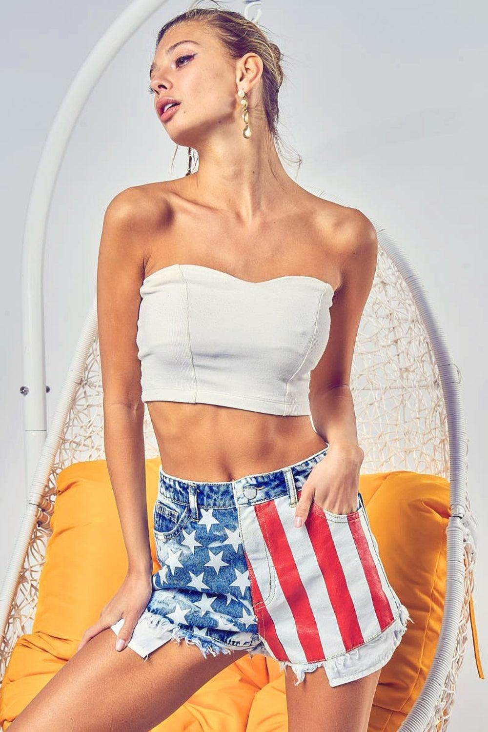 BiBi US Flag Theme Bleached Denim Shorts for Summer Style