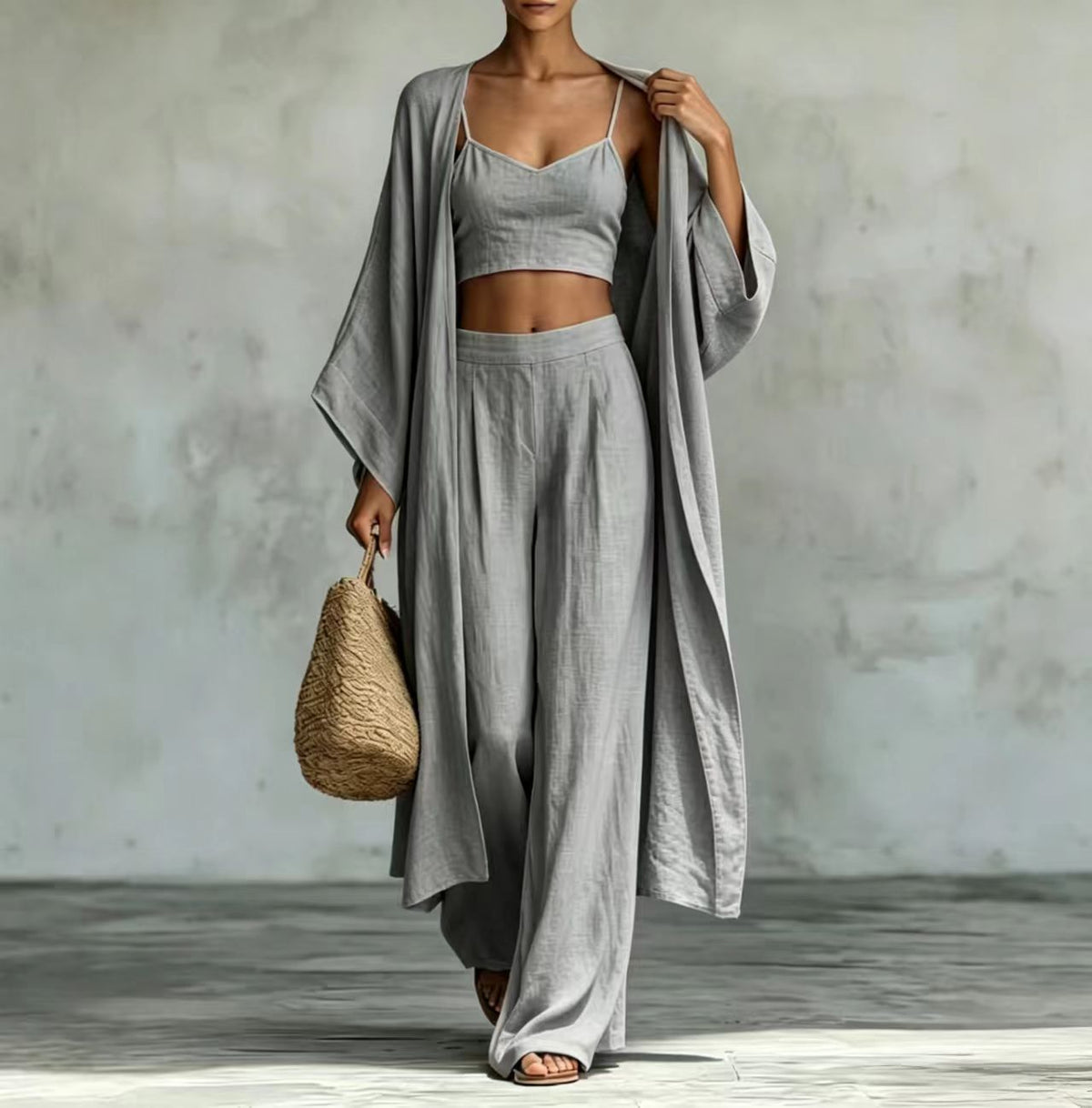 Loose Cardigan & Strap Top High Waist Wide Leg Pants Set – 3-Piece