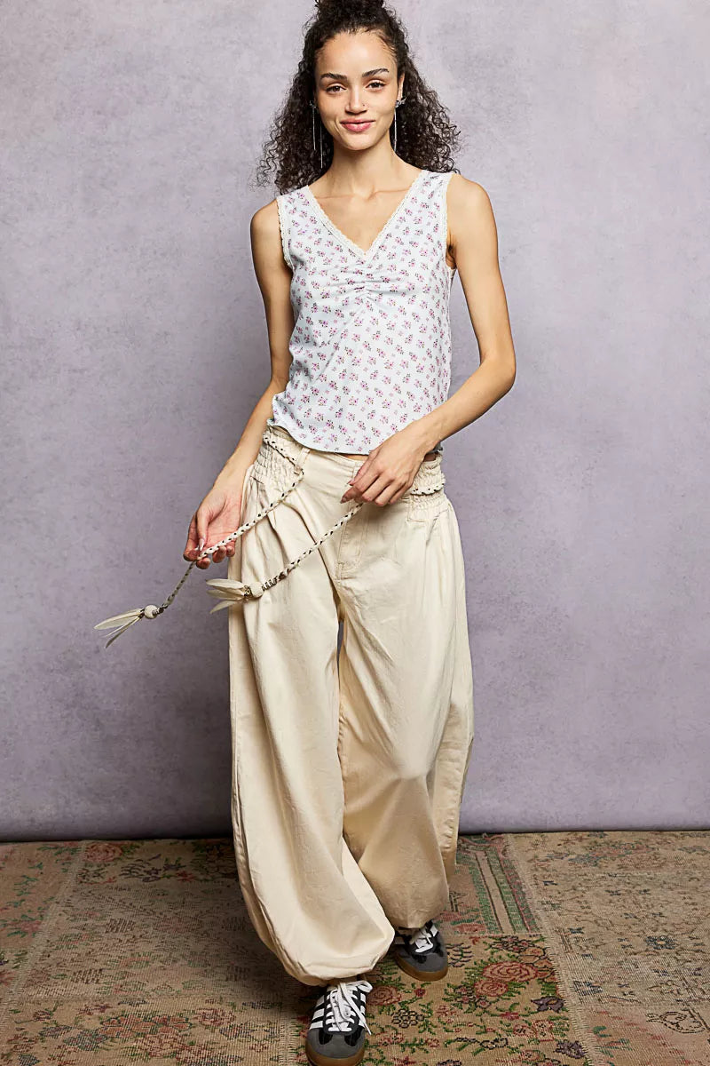 POL Ruched Floral V-Neck Tank with Lace Detail