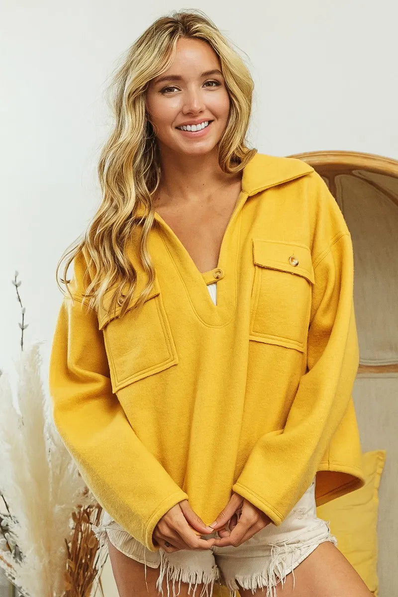 BiBi Flap Pockets Fleece Collared Sweatshirt