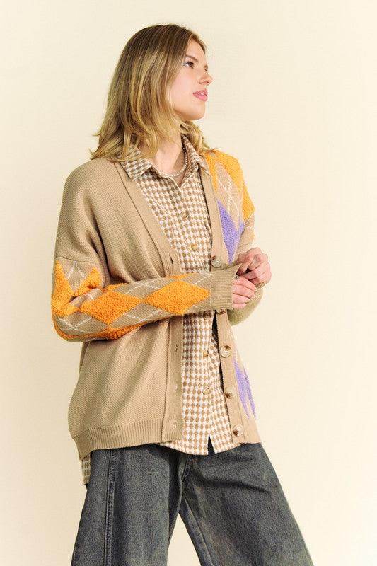 Davi & Dani Argyle V-Neck Dropped Shoulder Cardigan Style